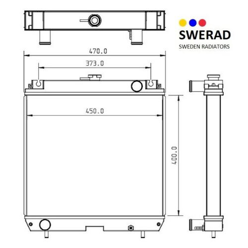 Teknisk ritning av en radiator från Swerad Sweden Radiatorer, närmare bestämt modellen Kylare JCB grävmaskin, med dimensioner märkta i millimeter: 470,0 bred, 400,0 hög och 450,0 lång.