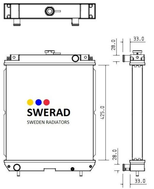 Tekniskt diagram över en kylare från SWERAD Sweden Radiatorer, Kylare JCB grävmaskin, som visar front- och sidovyer med detaljerade mått i millimeter.