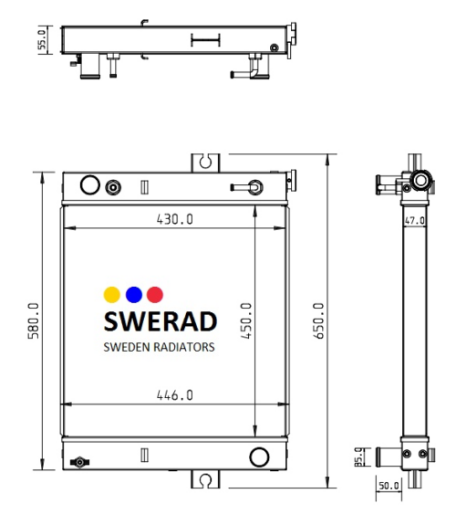 Teknisk ritning av en Kylare Toyota gaffeltruck från tre vinklar med dimensionerna märkta: 580 mm hög, 430 mm bred, 446 mm längd och 50 mm tjocklek.