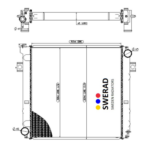 Teknisk ritning av en Kylare Toyota gaffeltruck kylare. Diagrammet innehåller detaljerade mått och märkta sektioner.