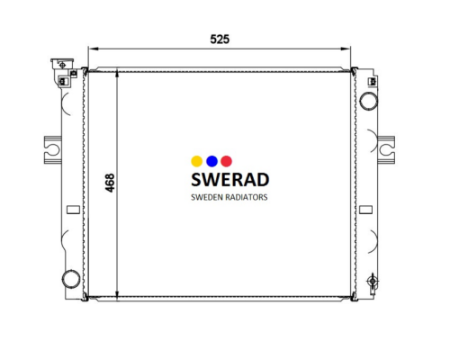 Teknisk ritning av en Kylare Toyota gaffeltruck radiator, som visar dimensioner 525mm bredd och 468mm höjd, med Swedrad-loggan i mitten.