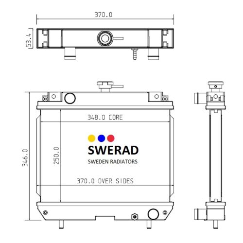Teknisk ritning av Kylare Hyster/Yale gräsklippare radiator, inklusive front-, sido- och toppvyer med mått. Framsidan visar en kärnbredd på 348,0 enheter och en total bredd på 370,0 enheter.
