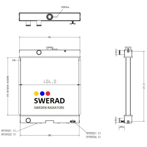 Teknisk ritning av en Kylare Kubota skogsmaskin enhet, som visar front-, sido- och toppvyer med detaljerade mått och anslutningspunkter märkta.