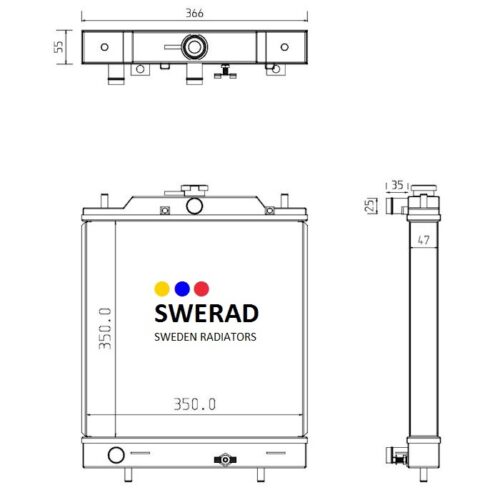 Teknisk ritning av en Kylare Kubota grävmaskin från Sweden Radiators, som visar front-, topp- och sidovyer med mått märkta i millimeter.