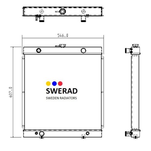 Teknisk ritning av en radiator med logotypen "Kylare Perkins generator". Måtten är 546,0 mm i bredd och 607,0 mm i höjd. Fram-, topp- och sidovyer visas med anteckningar.