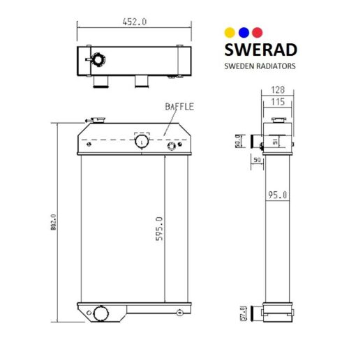 Teknisk ritning av en Kylare Perkins generatorradiator, som visar front-, sido- och toppvyer med dimensioner märkta i millimeter.