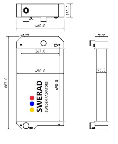 Teknisk ritning av en Kylare Perkins generatorradiator som visar front- och sidovyer med dimensioner märkta, inklusive 887,0 mm höjd, 460,0 mm bredd och 130,0 mm djup.