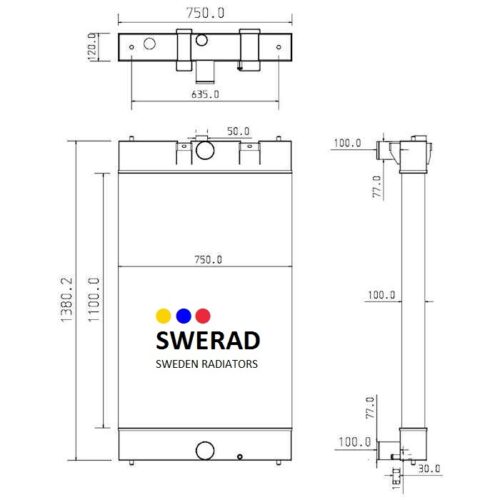 Ritningsschema över en Kylare Perkins generatorenhet, som visar front- och sidovyer med detaljerade mått och dimensioner.